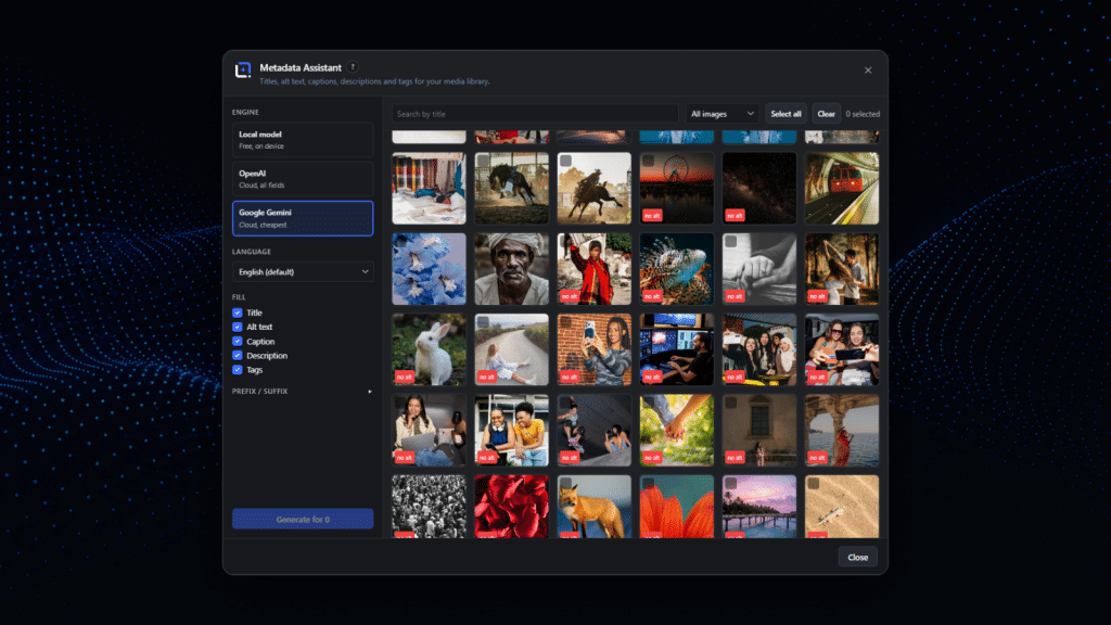 A metadata assistant filling in titles, alt text and captions