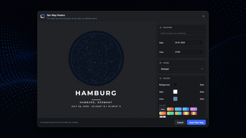 A star map poster tool showing the night sky over a chosen place
