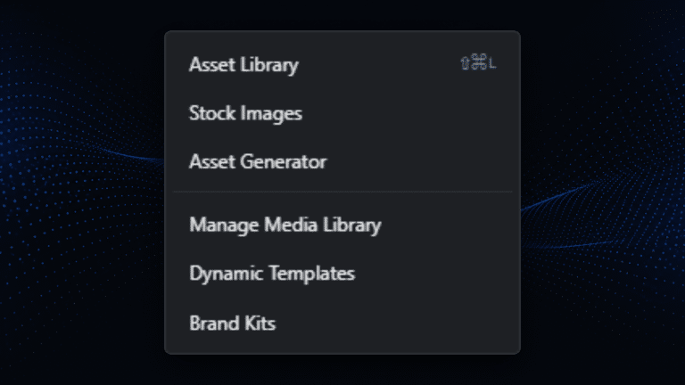 An assets menu with dynamic templates and brand kits