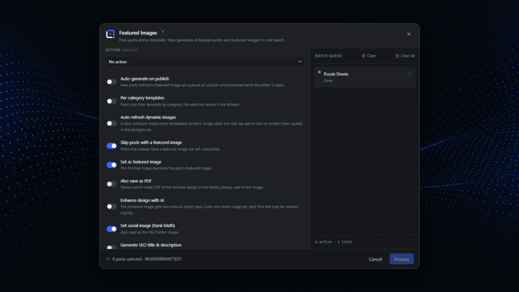 An automation panel generating featured images for a batch of posts