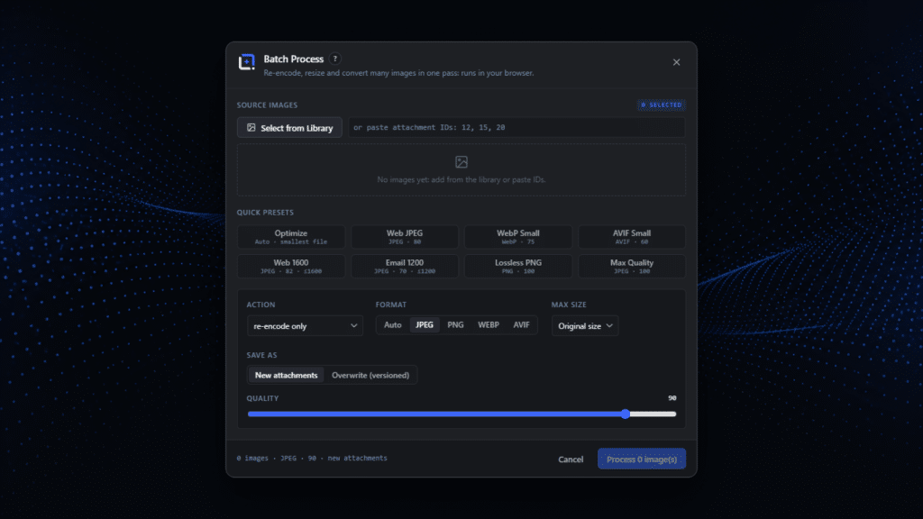 A batch processing dialog offering JPEG, PNG, WebP and AVIF