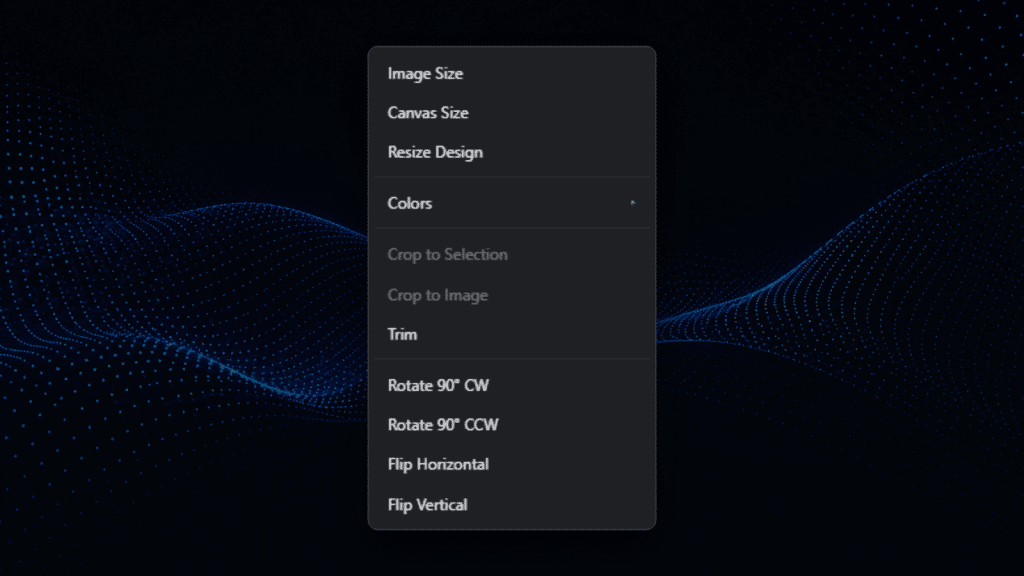 An image menu with resize and canvas size options
