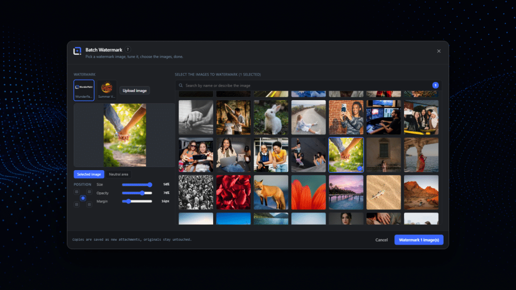 A batch watermark dialog with a position grid and opacity controls